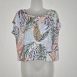Tahari 100% Linen Tropical Print Short Sleeve Boxy Crop Tee